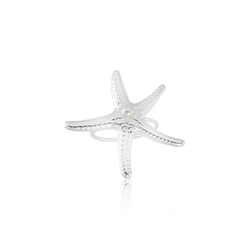 Anel Regulável em Prata 925 Estrela do Mar e Pérola