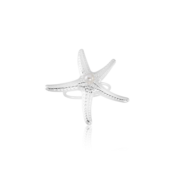 Anel Regulável em Prata 925 Estrela do Mar e Pérola