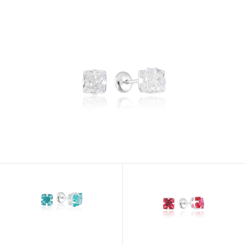 Brinco Baby Press em Prata 925 Pedra Quadrada