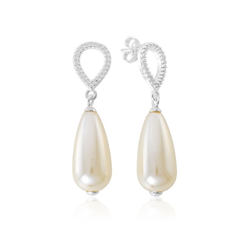 Brinco em Prata 925 Pavê Gota Zircônia Cristal e Pérola