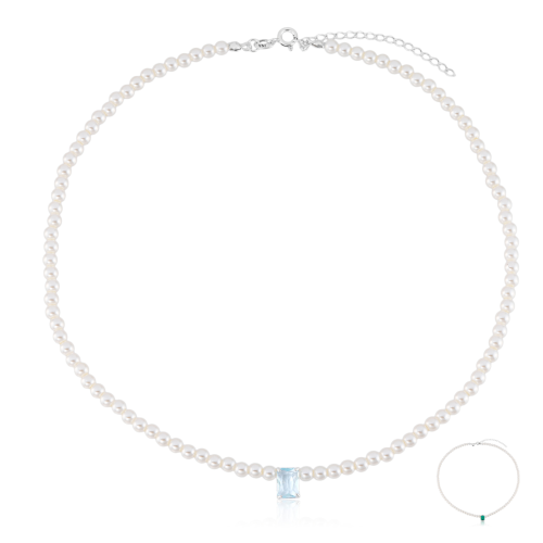 Gargantilha em Prata 925 Pérolas e Pedra Retangular 