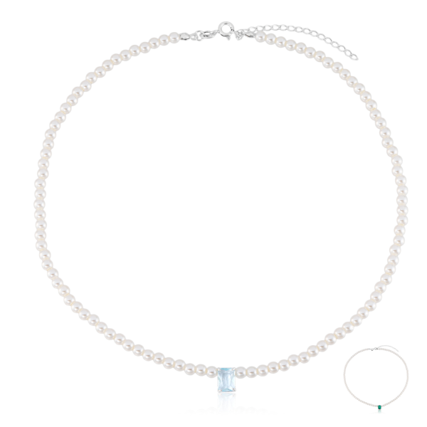 Gargantilha em Prata 925 Pérolas e Pedra Retangular 