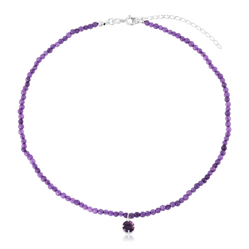 Gargantilha em Prata 925 Jade Roxo Uva e Ponto de Luz Ametista