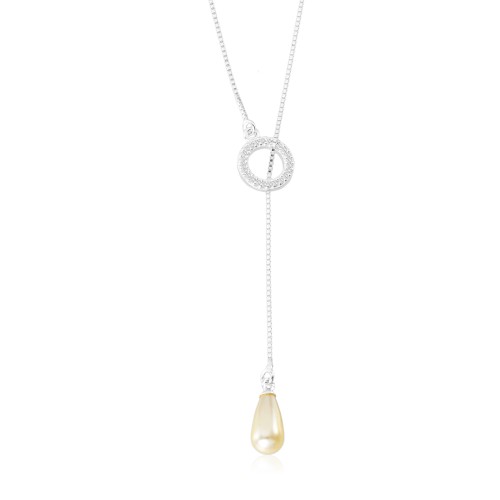 Gargantilha em Prata 925 Pavê Círculo Zircônia Cristal e Pérola