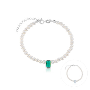 Pulseira em Prata 925 Pérolas e Pedra Retangular Pulseira em Prata 925 Pérolas e Pedra Retangular