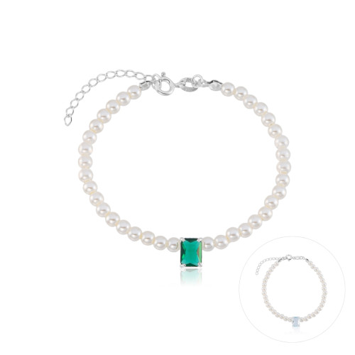 Pulseira em Prata 925 Pérolas e Pedra Retangular 