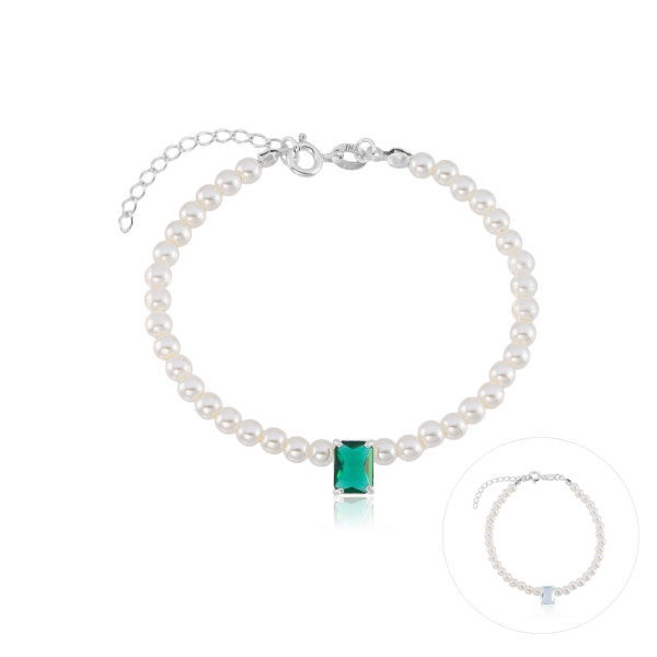 Pulseira em Prata 925 Pérolas e Pedra Retangular Pulseira em Prata 925 Pérolas e Pedra Retangular