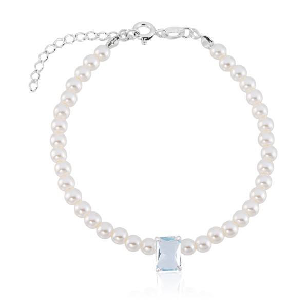 Pulseira em Prata 925 Pérolas e Pedra Retangular 