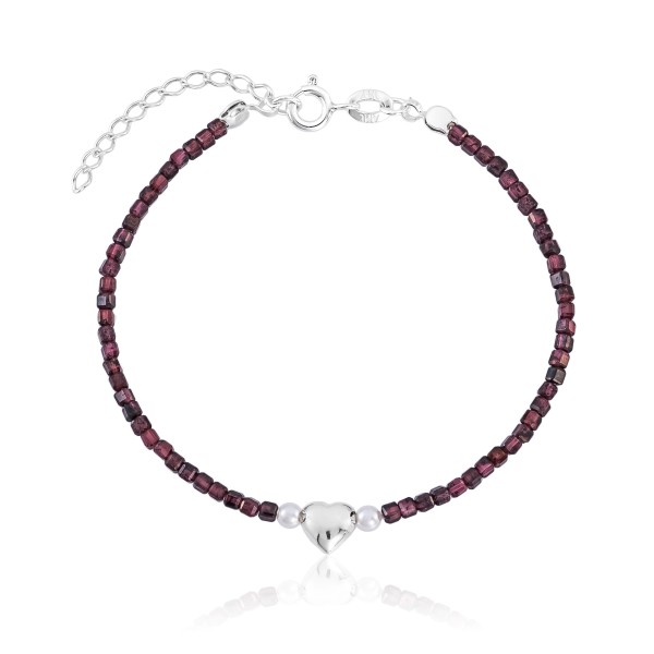 Pulseira em Prata 925 Granada Coração