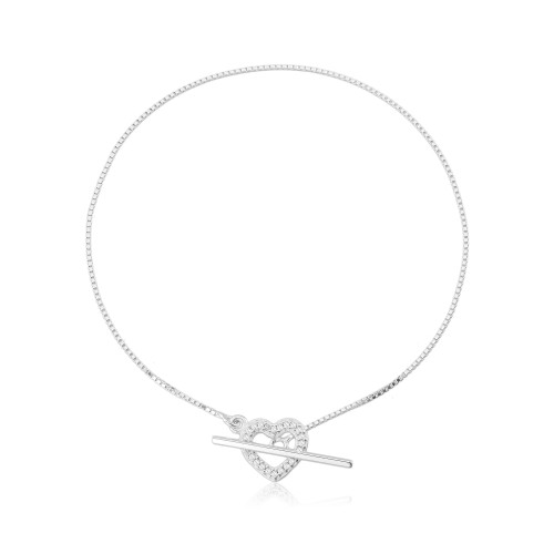Pulseira em Prata 925 Pavê Coração Cristal Regulável