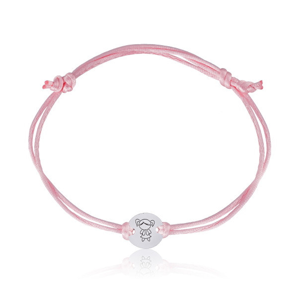 Pulseira em Prata 925 Fio de Seda Rosa Bebê Menina