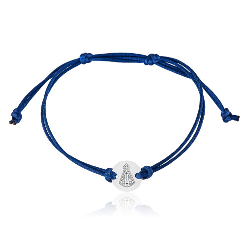 Pulseira em Prata 925 Fio de Seda Azul Marinho N. Sra Aparecida