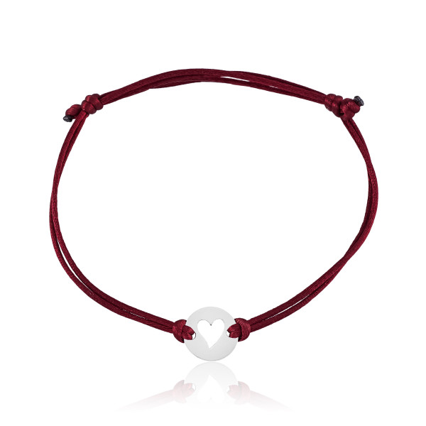 Pulseira em Prata 925 Fio de Seda Marsala Coração
