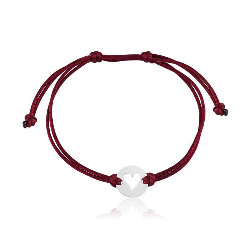 Pulseira em Prata 925 Fio de Seda Marsala Coração