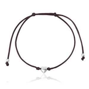 Pulseira Fio de Seda Marrom Coração em Prata 925