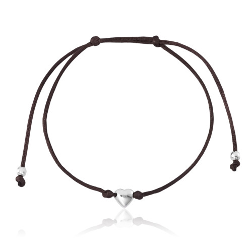 Pulseira Fio de Seda Marrom Coração em Prata 925