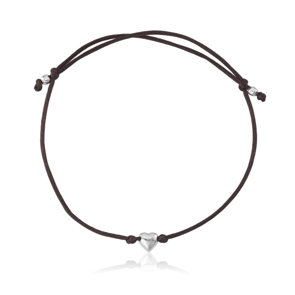 Pulseira Fio de Seda Marrom Coração em Prata 925 Pulseira Fio de Seda Marrom Coração em Prata 925