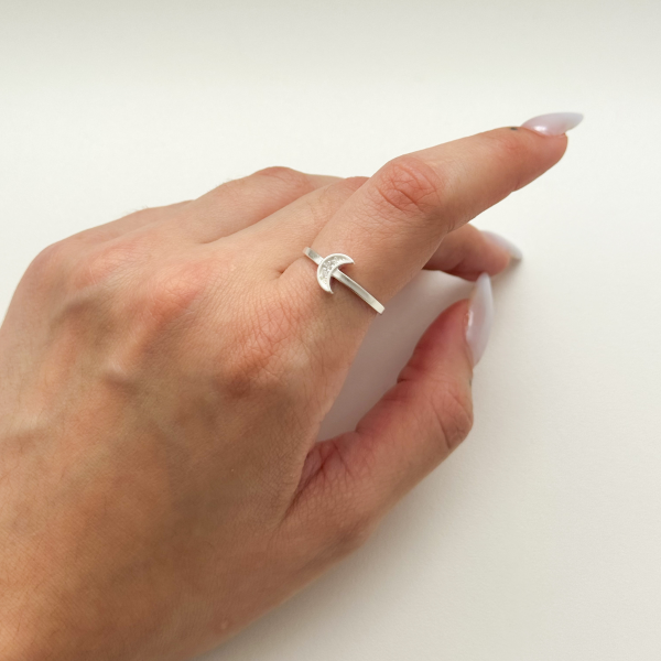 Anel em Prata 925 Pavê Lua Cravejado Zircônia Cristal