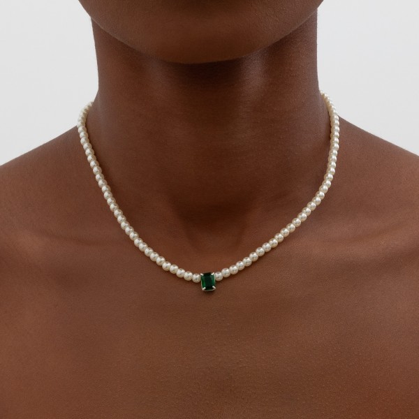 Gargantilha em Prata 925 Pérolas e Pedra Retangular 