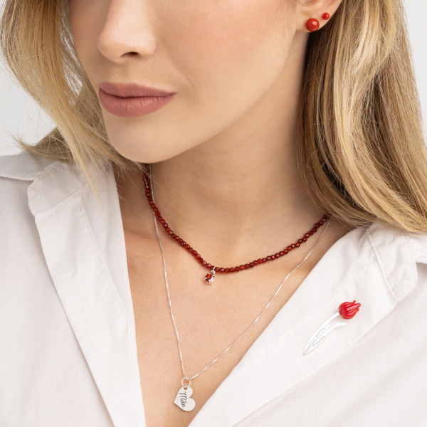 Gargantilha em Prata 925 Ágata de Fogo e Ponto de Luz Granada