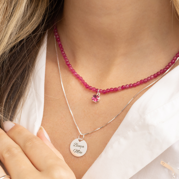 Gargantilha em Prata 925 Jade Fúcsia e Ponto de Luz Turmalina Rosa 