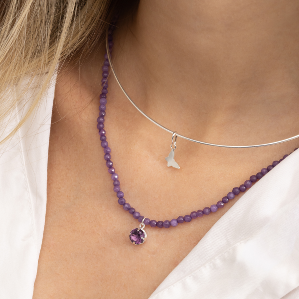 Gargantilha em Prata 925 Jade Roxo Uva e Ponto de Luz Ametista