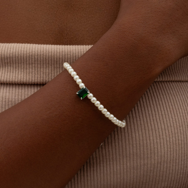 Pulseira em Prata 925 Pérolas e Pedra Retangular 